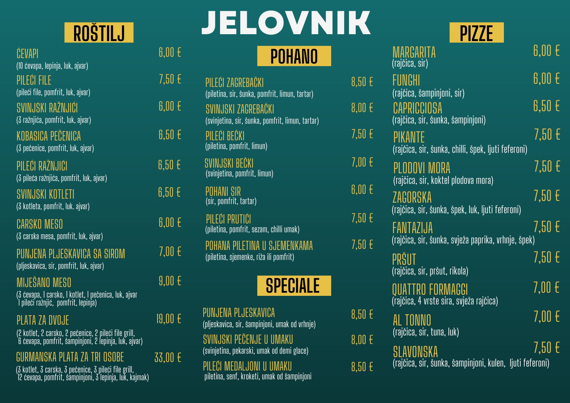 JELOVNIK Catering Bistro Chiara, Zagreb