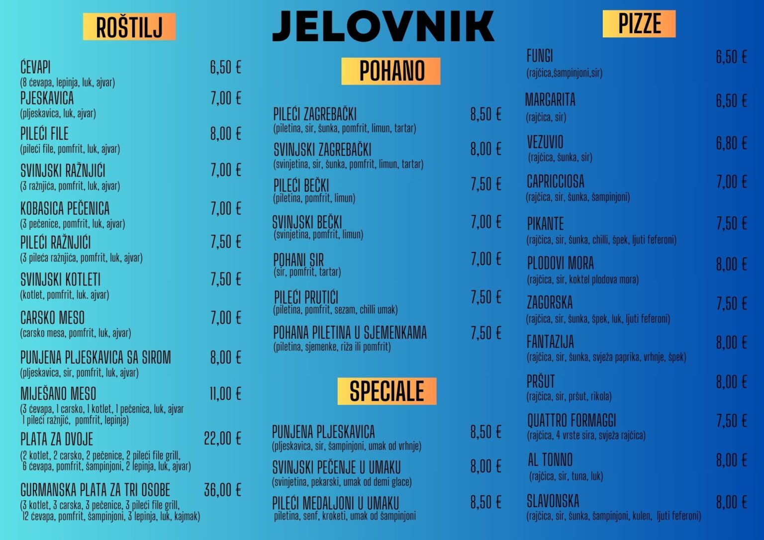 JELOVNIK Catering Bistro Chiara, Zagreb